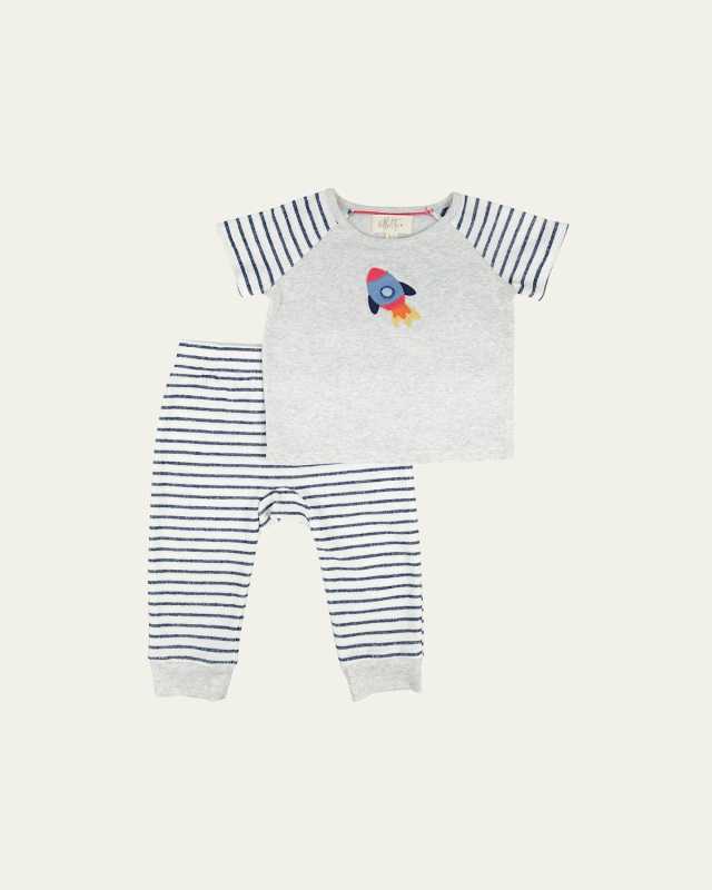 Boy's Rocket Ship Applique Two-Piece Set, Size 6M-3